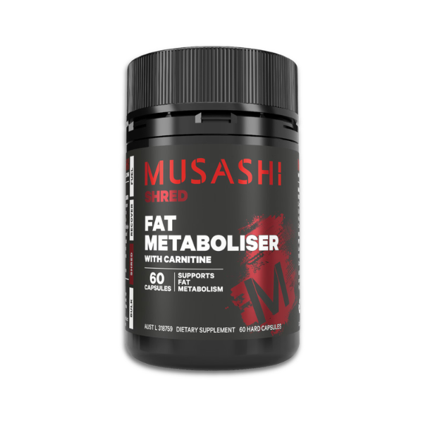 Musashi Fat Metaboliser with Carnitine – Fat Metabolism Support Capsules Musashi Fat Metaboliser capsules with Carnitine, Choline, and Inositol for fat metabolism support.