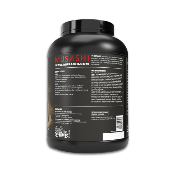 Musashi Bulk Protein mass gainer powder with high-calorie protein blend for muscle growth and recovery.
