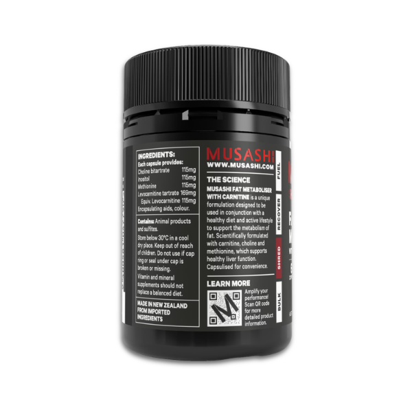 Musashi Fat Metaboliser with Carnitine – Fat Metabolism Support Capsules Musashi Fat Metaboliser capsules with Carnitine, Choline, and Inositol for fat metabolism support.