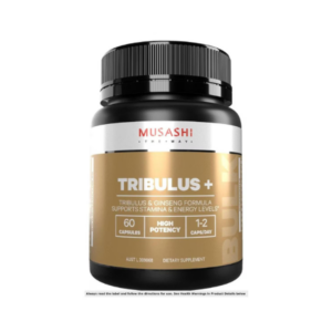 Musashi Tribulus+ herbal capsules with Tribulus and Korean Ginseng for stamina and energy support.