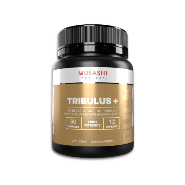 Musashi Tribulus+ herbal capsules with Tribulus and Korean Ginseng for stamina and energy support.