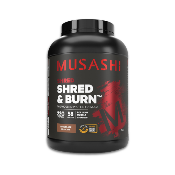 Musashi Shred & Burn thermogenic whey protein powder for lean muscle growth and fat-burning support.