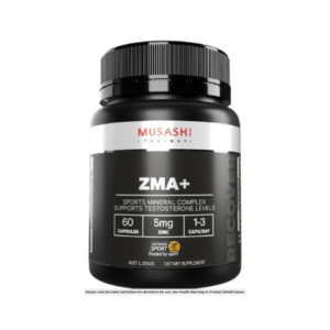 Musashi ZMA+ mineral supplement capsules with magnesium, zinc, and manganese for muscle and recovery support.