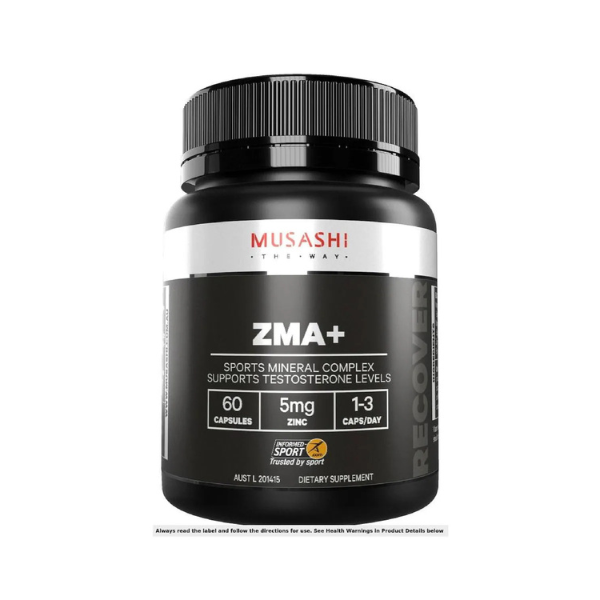 Musashi ZMA+ mineral supplement capsules with magnesium, zinc, and manganese for muscle and recovery support.