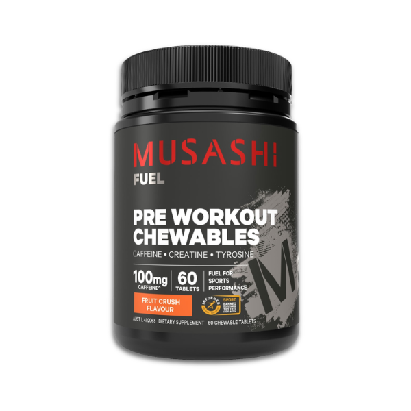 Musashi Pre Workout Chewable Tablets Fruit Crush flavour energy support tablets for training and exercise.