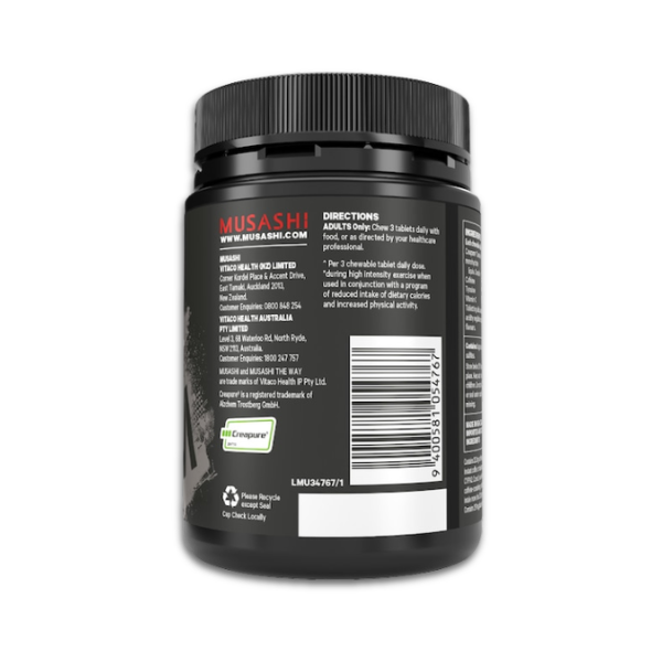 Musashi Pre Workout Chewable Tablets Fruit Crush flavour energy support tablets for training and exercise.