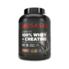 Musashi 100% Whey + Creatine chocolate protein powder for muscle recovery and lean muscle support.