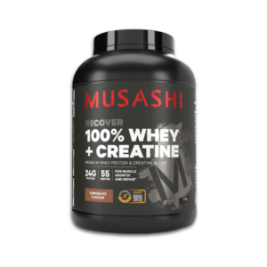 Musashi 100% Whey + Creatine chocolate protein powder for muscle recovery and lean muscle support.