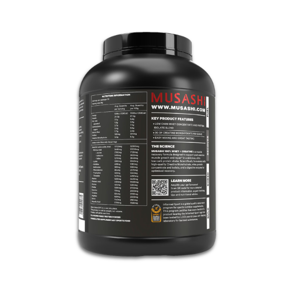 Musashi 100% Whey + Creatine chocolate protein powder for muscle recovery and lean muscle support.