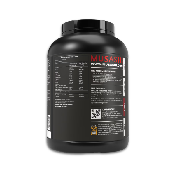 Musashi Shred & Burn thermogenic whey protein powder for lean muscle growth and fat-burning support.
