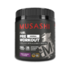 Musashi Pre-Workout supplement with creatine, caffeine, and BCAAs for energy, focus, and workout performance.