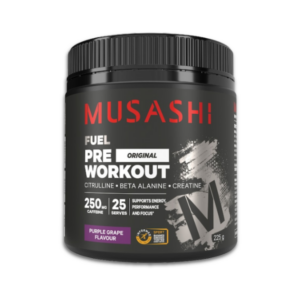 Musashi Pre-Workout supplement with creatine, caffeine, and BCAAs for energy, focus, and workout performance.